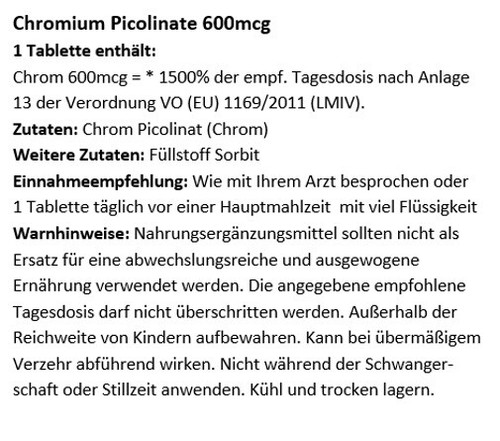 Chromium Picolinate 600mcg PRO TABLETTE, 500 Tabletten - L A B O R G E P R Ü F T - Bild 2 von 4