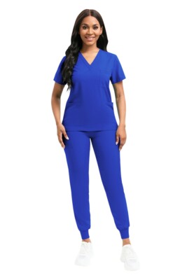 Stretch Medical Nurse Scrub Uniform Women Scrub Set V-Neck Top Jogger Pants