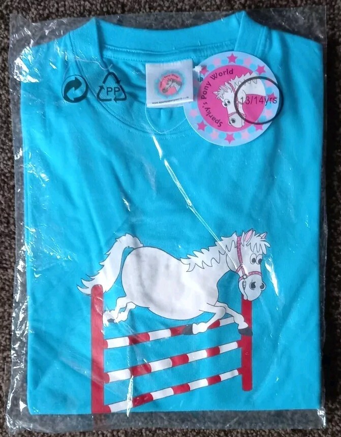 T shirt SPARKYS PONY WORLD 13 14 anni blu manica corta nuova con etichette