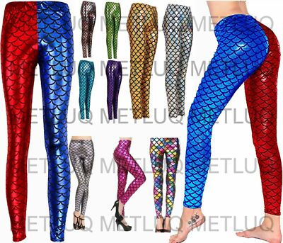 Neu Damen Mädchen Fischwaage Meerjungfrau Druck Glanz schmale Passform Disco Hose Leggings UK