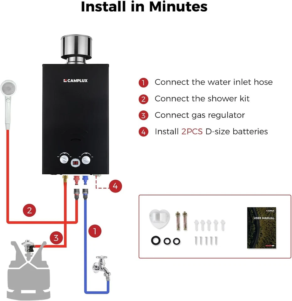 CAMPLUX Tankless Propane Gas Hot Water Heater 10L Instant with Rain Cap Shower - Image 4 of 4