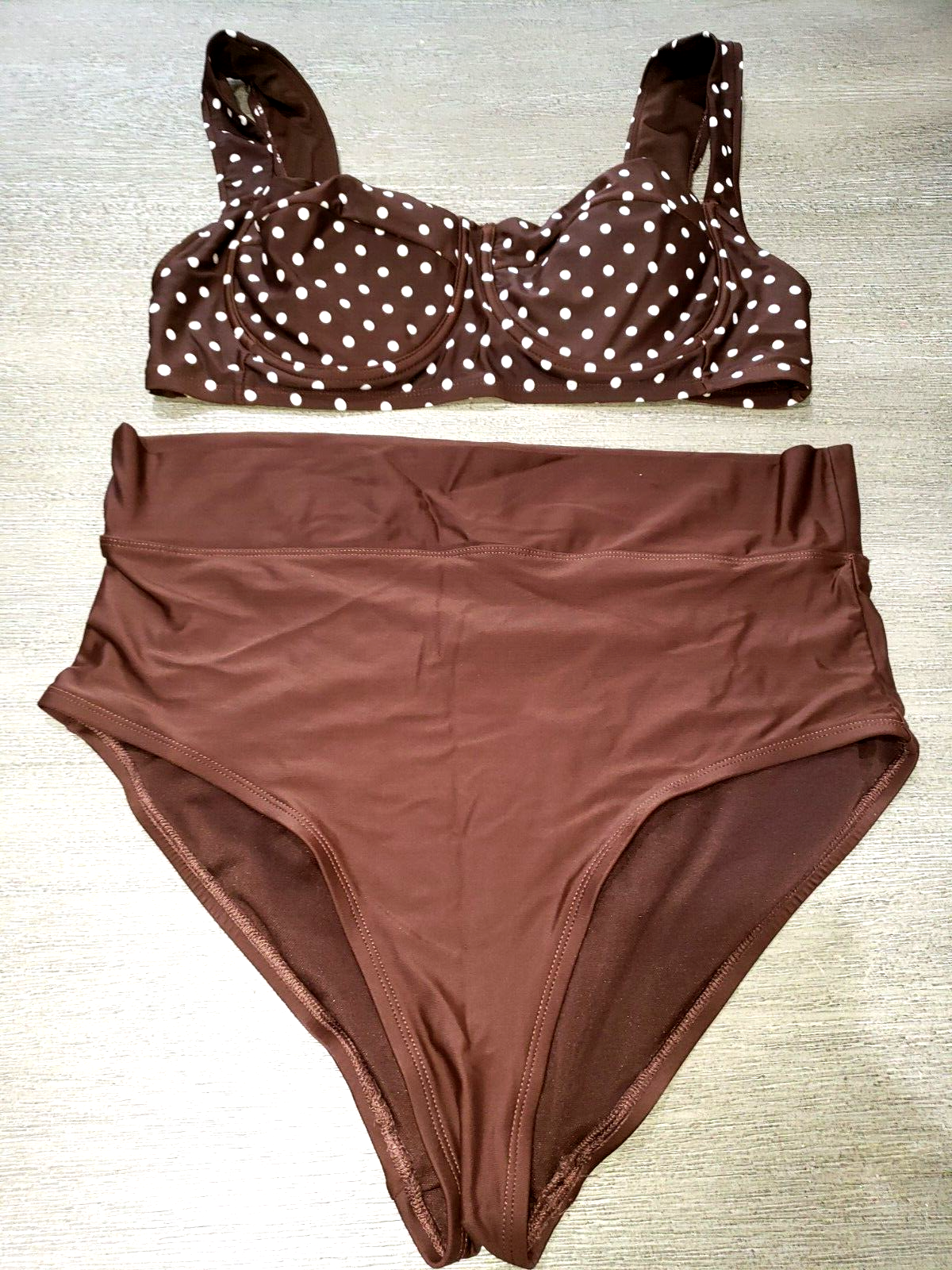 Plus Size 1X 16/18W Time Tru Swim Suit Brown White Polka Dots