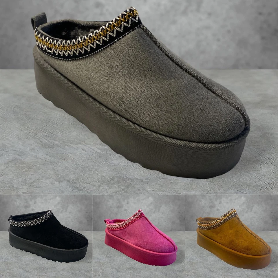 WOMENS LADIES SLIP ON PLATFORM WARM FAUX FUR LINED COZY HUGG SLIPPERS SHOES SIZE