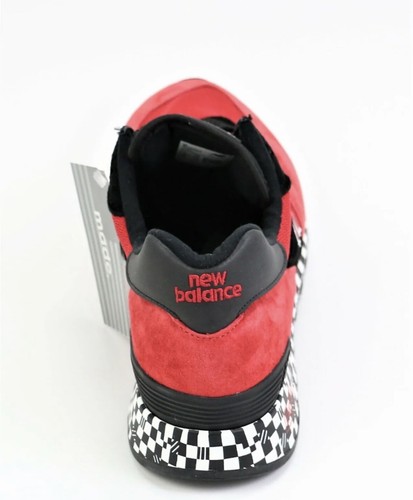 Red and black New Balance 1300AP sneaker with white midsole, mesh upper, and black checkered foil panel, size 9.