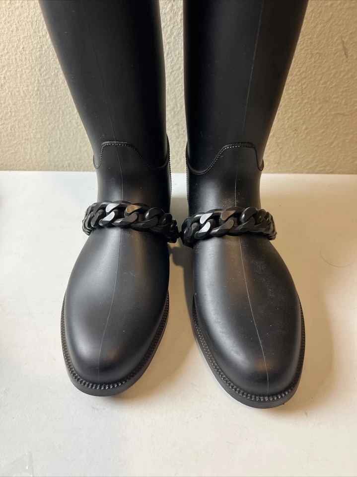 GIVENCHY EVA Negro CADENA LLUVIA GOMA BOTAS ALTAS 36/6 ~ NUEVAS Foto 3 de 4