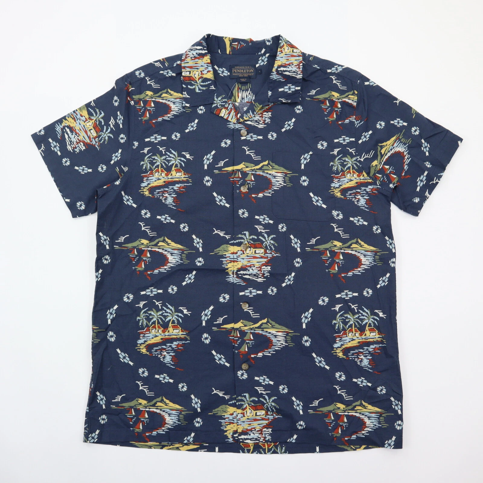 Pendleton Loop Collar Camp Shirt Mens Large Button Up Blue Aloha Hawaiian NWT