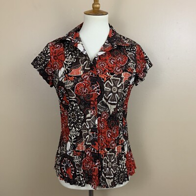 Vintage Fred David Top Womens Medium Brown Orange Floral Crinkled Fairy 90s Y2K