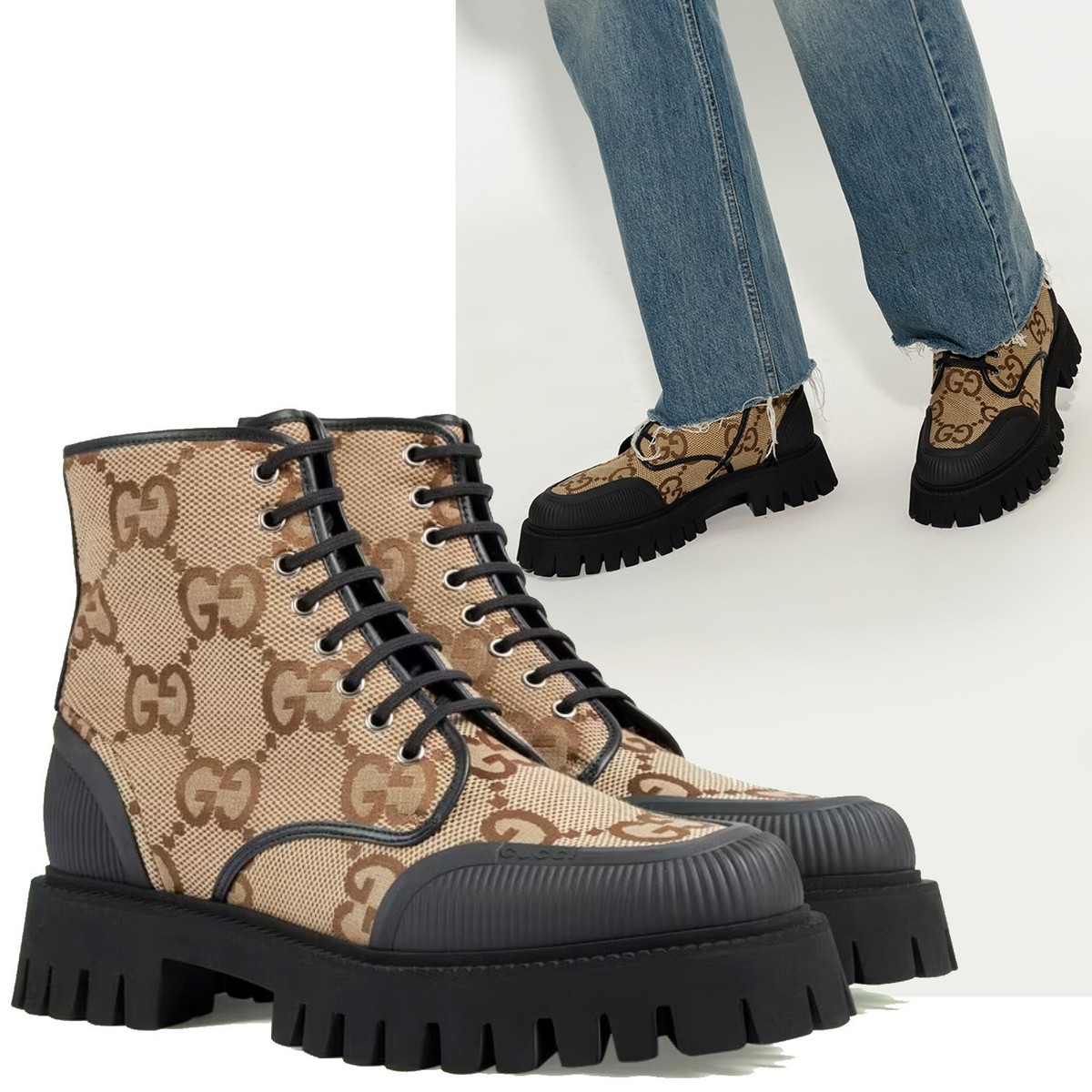 GUCCI BOOTS MENS MAXI GG CANVAS LACE-UP COMBAT w LUG SOLE $1,100 sz 12  US
