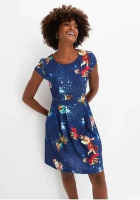 FREEMANS Angel Cherub Print Midi Kleid Navy Rundhalsausschnitt Kurzarm