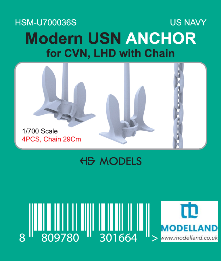 HS Model Modern USN Anchor for CVN/LHD w/ Chain 1/700 4pcs 29cm HSM-U700036S
