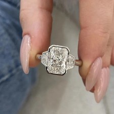 14k White Gold Plated 5CT Radiant Cut Moissanite Three Stone Engagement Ring