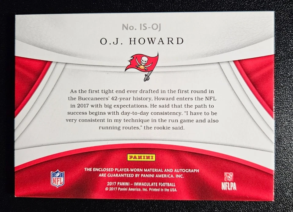 2017 Immaculate O.J. Howard Rookie Dual Patch On Card Auto /49 Tampa Buccaneers - Image 2 of 2