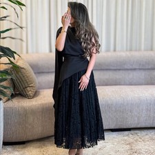 Custom Black A-Line Prom Dresses Tea-Length ONeck Sleeveless Evening Gown Simple