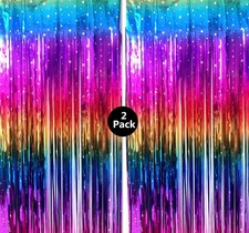 Rainbow Tinsel Foil Fringe Curtains 2 Pack Rainbow Party Decorations 3.3x6.6f...