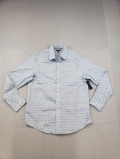 Club Room Men Shirt M Geometric Print Blue White Button Front Slim Fit Stretch