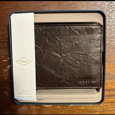 Fossil Men's Brown Bifold Wallet Folding Credit Card Flip ID Window Logo