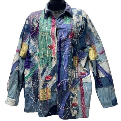 Sandy Starkman Art Patchwork Jacket Button Shirt L Embroidered Faces Denim Boho*