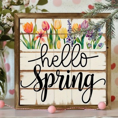 Hello Spring Floral Wooden Plaque Easter Farmhouse Home Wall Art Decoration Gift