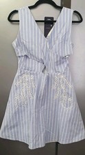 Kitschen Blue Stripe Cotton Skater Dress L Embellished Floral Wrap Cut Out Boho