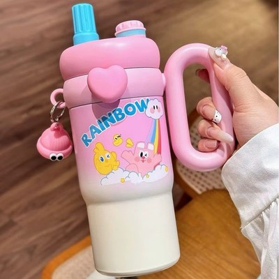 Kids Pink/White/Blue Plastic Water Bottle w/ Handle, Twist Lid, Rainbow Cartoon