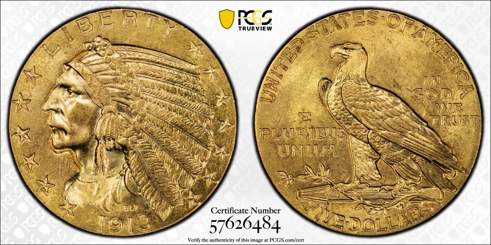 1913 Gold Half Eagles $5 Indian Head PCGS MS-64 CAC