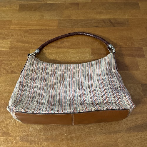 Fossil women’s multicolor fabric purse with woven leather handle handbag tote