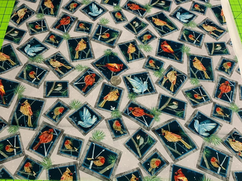 Tela Pájaros Cardenales Enmarcados Invierno Pájaros sobre Algodón Gris QT 1/4 Yarda 7438-K Foto 4 de 4