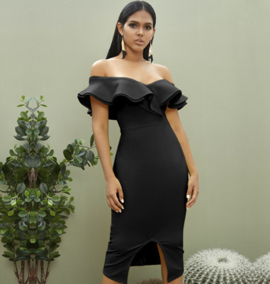 DESIGNER COUTURE BLACK RUFFLE BANDAGE 
