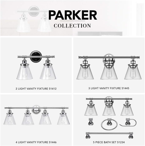 51412 Parker 2-Light Vanity Light, Chrome, Clear Glass Shades - Picture 7 of 9