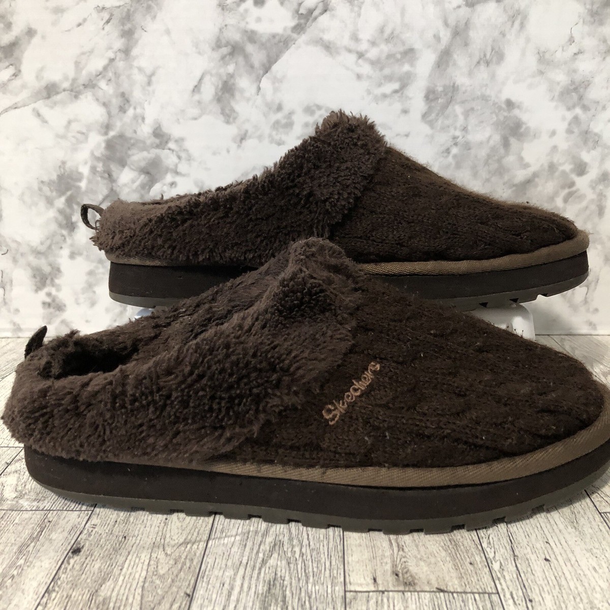 Skechers Sweater Knit Faux Fur Slippers Brown Womens Size 10 Cable