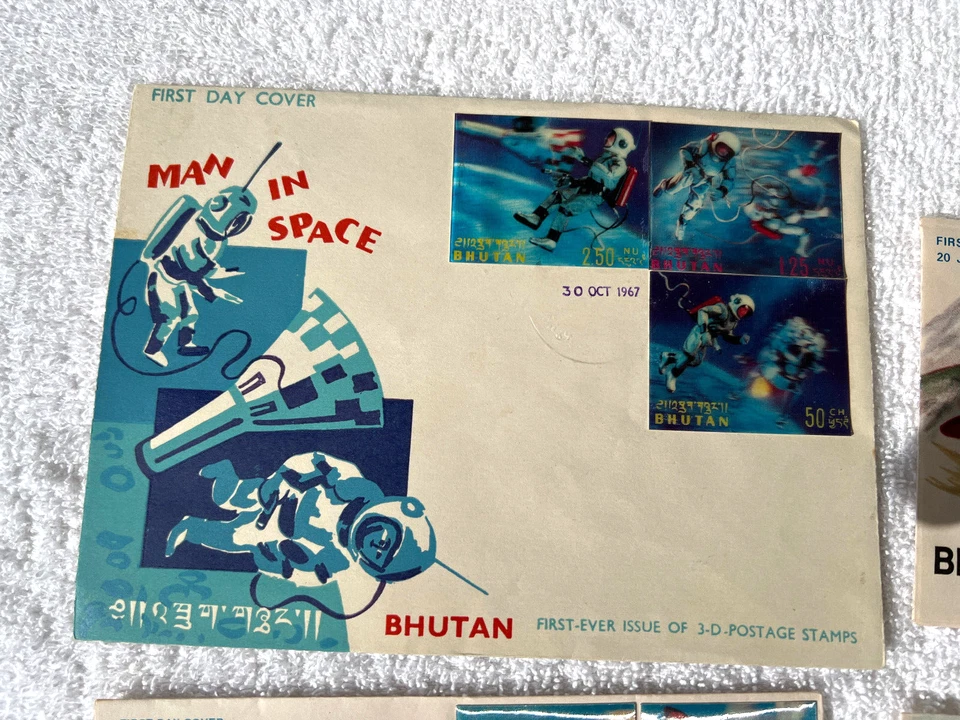 RARO * Sellos 3D de Bután de coleccionistas 1967 y 1986 * Estampillas de cartas de presentación de primer día Foto 3 de 4