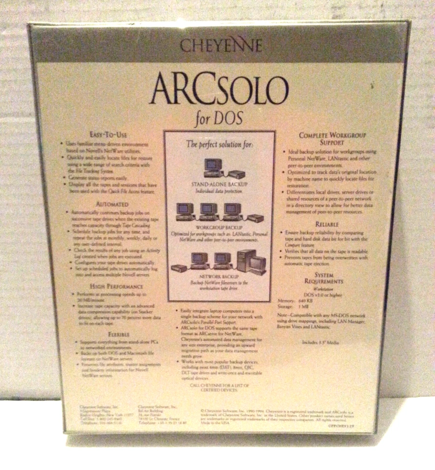  Cheyenne ARCsolo for DOS V2.2 Complete Backup Software PC Workgroup SEALED! - Image 4 of 4