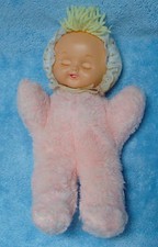 Vtg Eden Baby Doll Pink Bunting Soft Body Vinyl Sleeping Face Yellow Yarn Hair