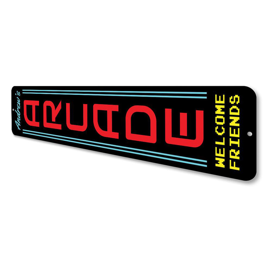 Arcade Vertical Sign, Personalized Welcome Friends Child Name Metal Decor Sign