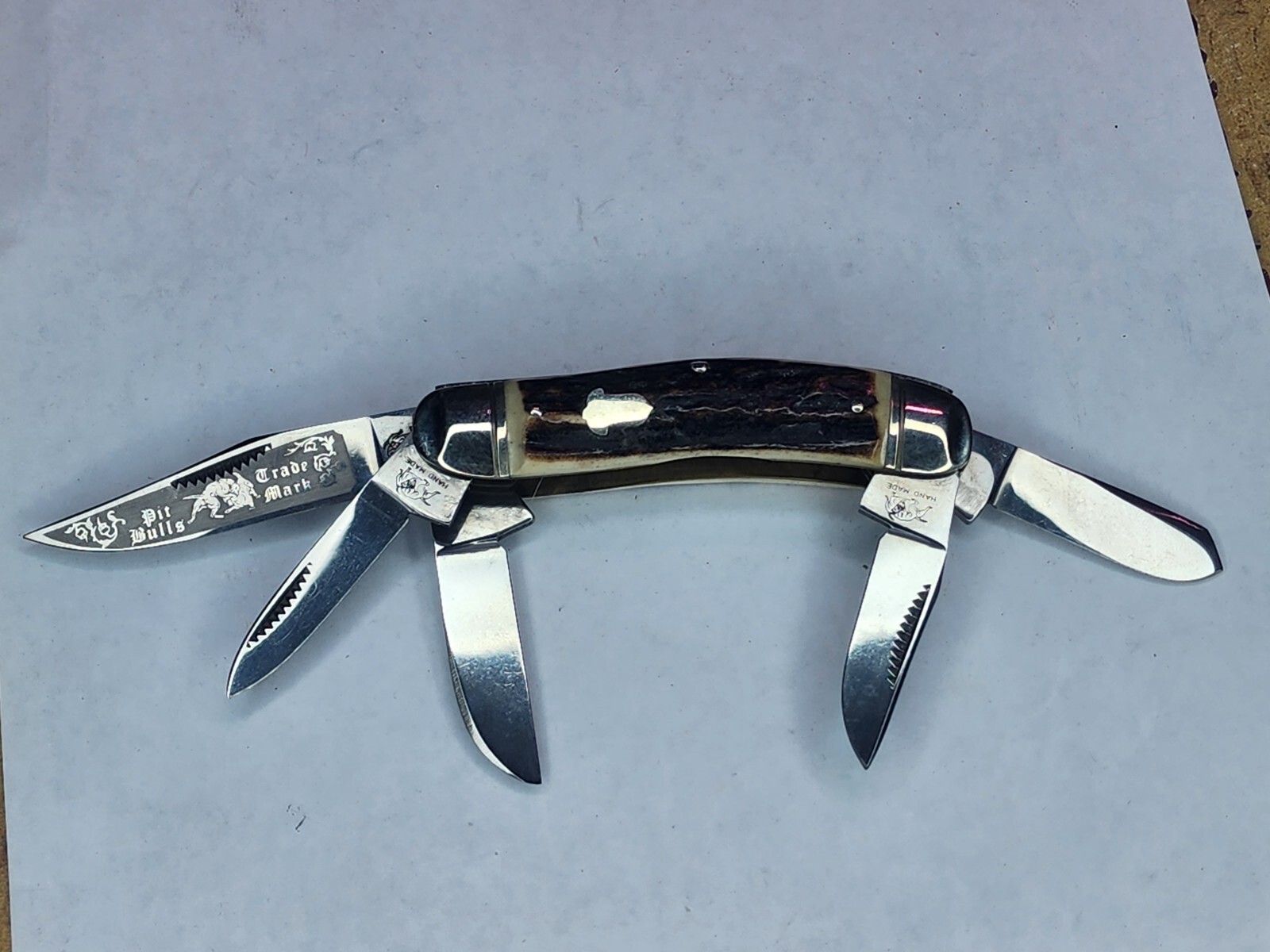 1984 BULLDOG BRAND CUTLERY PIT BULLS TRADEMARK 5 BL STAG SOWBELLY KNIFE