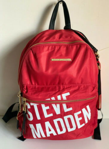 NEW! STEVE MADDEN SPORT RED NYLON TRAVEL BACKPACK BAG PURSE W/ WRISTLET $98 SALE - Picture 1 of 7