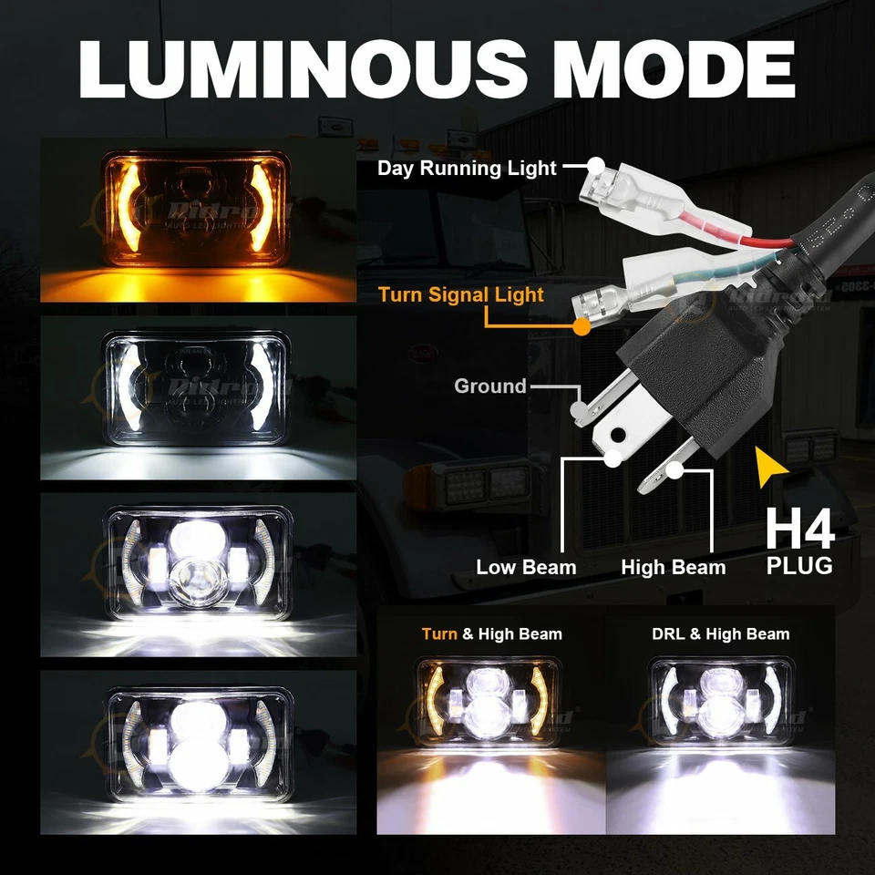 4PCS 4x6 Inch LED Headlights Halo DRL Sealed Beam For Delorean DMC12 1981-1983 - Image 2 of 4