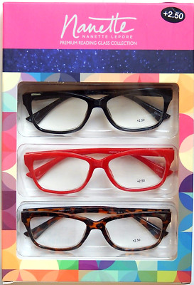 NANETTE LEPORE 3-PACK PREMIUM READING GLASSES READERS +2.50 NEW 100%AUTHENTIC 