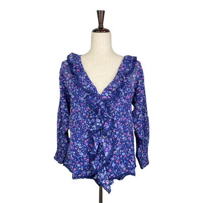 Super Natural Women's Blue Floral Georgette Vannes Ruffle Top Size XS