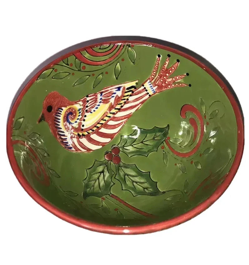 Kate McRostie Handpainted Ceramic Bowl Dish Bird & Holly Creative Co-Op Holiday - Image 2 of 4