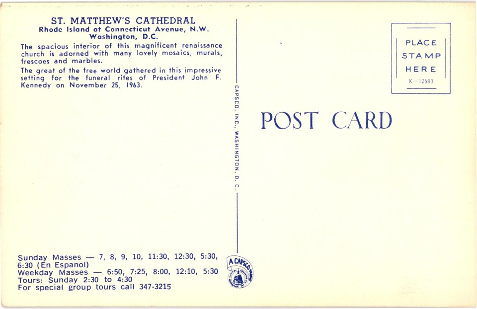 St. Matthew's Cathedral Washington, D.C. Interior Postcard Unposted eBay