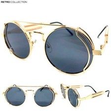 Mens Classic RETRO STEAMPUNK Cyber Modern SUNGLASSES Round Rose Gold Metal Frame