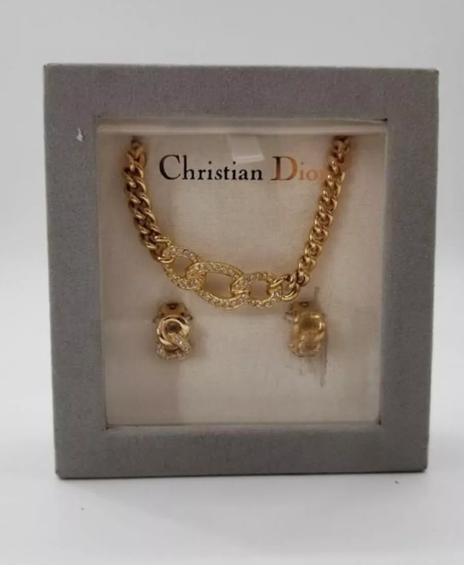 Collier et boucles d'oreilles CHRISTIAN DIOR ton or glacé ensemble bijoux IOB en boîte