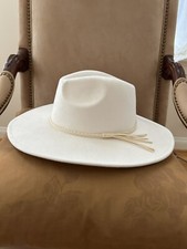 Wide Brim Faux Suede Braided Band Fedora Rancher Milky White Hat NWOT