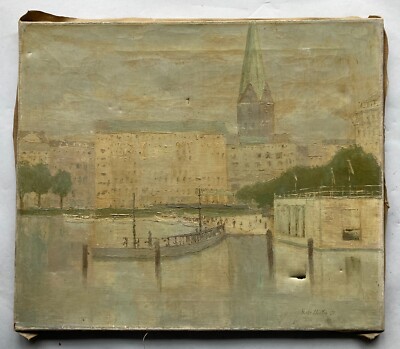 Ölbild Hamburg 1950 Binnenalster Stadtansicht Müller signiert 44,5 x 52,5 cm