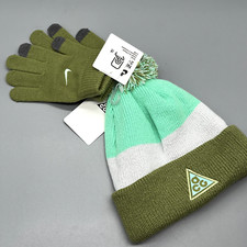 Nike ACG Big Kids Boys Girls Cuffed Pom Pom Beanie/Gloves Set Green Gray Rare