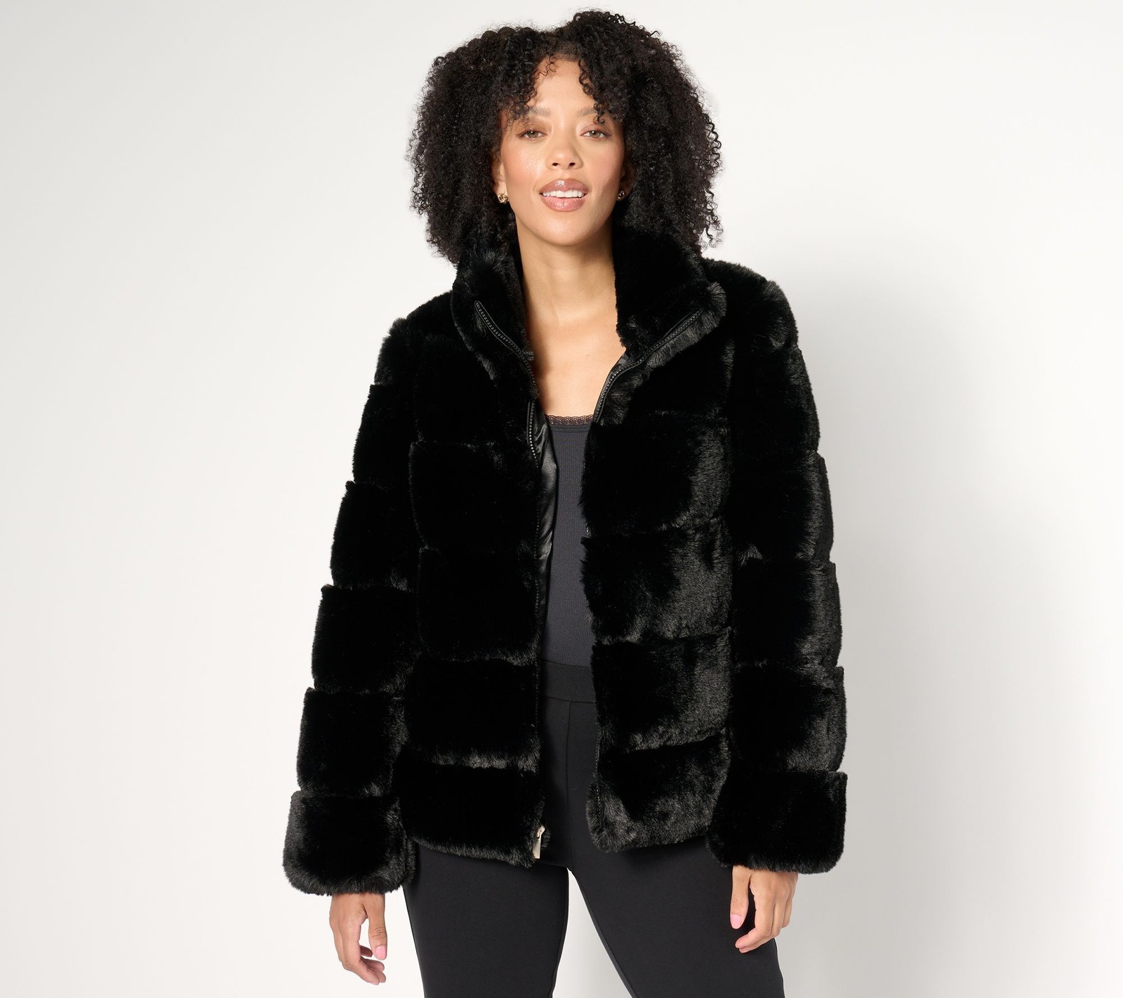 Dennis Basso Women's Jacket Sz S Zip Front Sculpted Faux Fur Black A667613