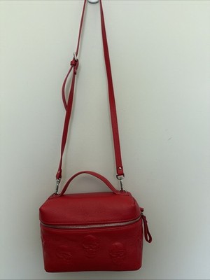 Io Pelle Italia red pebbled leather multi-skull embossed vanity crossbody Bag