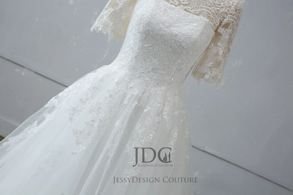 Schulterfrei Brautkleid Hochzeitskleid 32-60 Halbarm Knöpfe Ivory Top Qualität - Bild 3 von 4