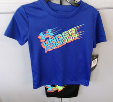 NWT Under Armour Two piece Shorts Set Toddler Boys 2T blue/black w neon logo